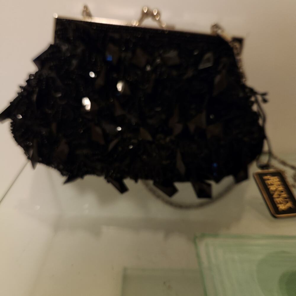 BIJOUX TERNER Clutch Beaded Clamshell Satin Kiss Lock Black Purse Chain Strap